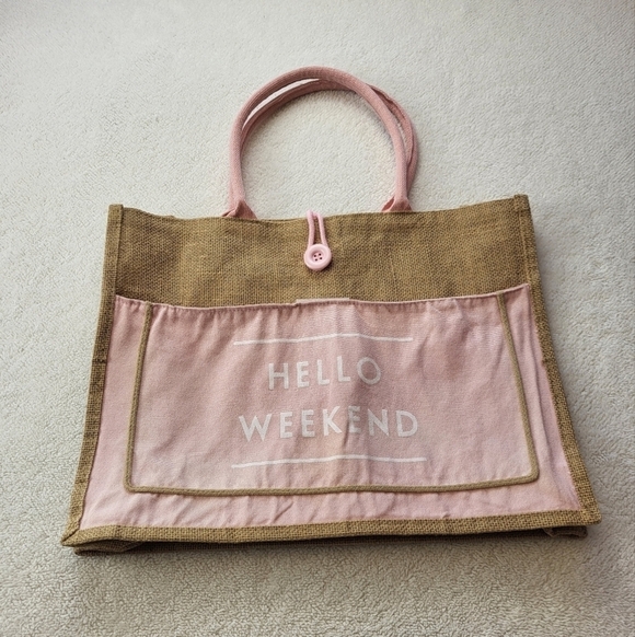 Source Unknown Handbags - Canvas Brown and Pink Weekend Bag Loop Button Closure 17 x 13 x 5